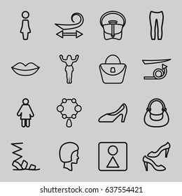 set of 16 women outline icons such as woman, curly hair, straight hair, lips, necklace, bag, female wc, sandals, shoe, bag