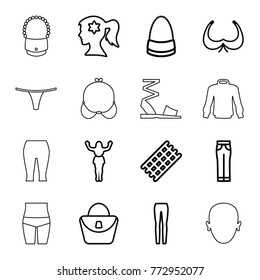 Set of 16 women outline icons such as hair curler, woman face with flower in hair, woman bag, bra, bag, face, sandals, female underwear, sweater