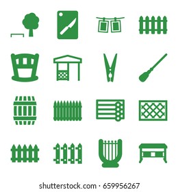 Set of 16 wooden filled icons such as barrel, fence, wooden wall, mop