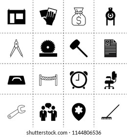 Set of 16 work filled and outline icons such as rake, businessmen communication, wipe, cv, chair, slab, building crane roller, circular saw, rubber hummer, plastering trowel