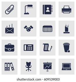 Set Of 16 Work Icons Set.Collection Of Printer, Calendar, Telephone And Other Elements.