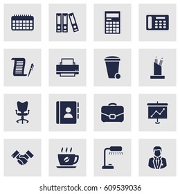 Set Of 16 Work Icons Set.Collection Of Pencil Stand, Telephone, Manager Elements.