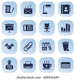 Set Of 16 Work Icons Set.Collection Of Trash Can, Coffee, Manager And Other Elements.