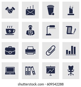 Set Of 16 Work Icons Set.Collection Of Table Lighter, Office Chair, Printer And Other Elements.