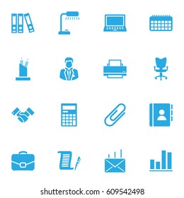 Set Of 16 Work Icons Set.Collection Of Address Book, Office Chair, Printer And Other Elements.