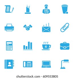 Set Of 16 Work Icons Set.Collection Of Handshake, Coffee, Table Lighter Elements.