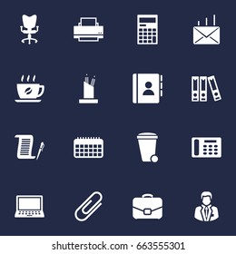 Set Of 16 Work Icons Set.Collection Of Office Chair, Printer, Calendar And Other Elements.