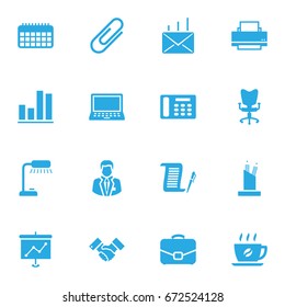 Set Of 16 Work Icons Set.Collection Of Laptop, Coffee, Contract And Other Elements.