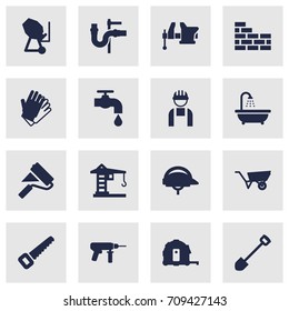 Set Of 16 Work Icons Set.Collection Of Hacksaw, Clamp, Building Machinery And Other Elements.