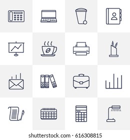 Set Of 16 Work Outline Icons Set.Collection Of Recycle Bin, Printing Machine, Contacts And Other Elements.