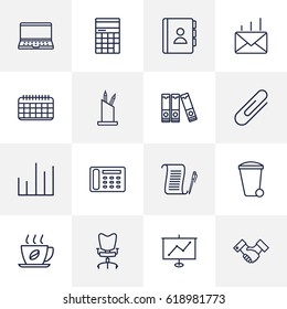 Set Of 16 Work Outline Icons Set.Collection Of Notebook, Recycle Bin, Date And Other Elements.