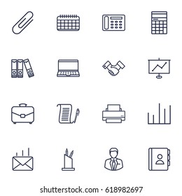 Set Of 16 Work Outline Icons Set.Collection Of Show, Telephone Directory, Document Case And Other Elements.