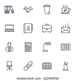 Set Of 16 Work Outline Icons Set.Collection Of Counter, Pen Storage, Notebook And Other Elements.