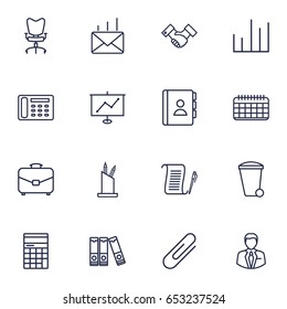 Set Of 16 Work Outline Icons Set.Collection Of Contacts, Portfolio, Agreement And Other Elements.