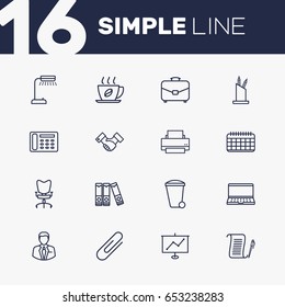 Set Of 16 Work Outline Icons Set.Collection Of Reading-Lamp, Workplace, Portfolio And Other Elements.