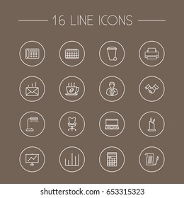 Set Of 16 Work Outline Icons Set.Collection Of Pen Storage, Hot Drink, Printing Machine And Other Elements.