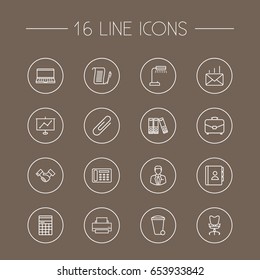 Set Of 16 Work Outline Icons Set.Collection Of Administrator, Recycle Bin, Agreement And Other Elements.