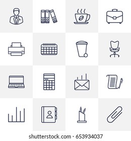 Set Of 16 Work Outline Icons Set.Collection Of Fastener Paper, Agreement, Telephone Directory And Other Elements.