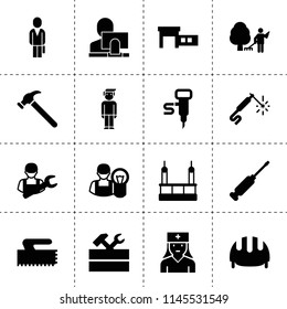 Set of 16 worker filled icons such as work tool, car service, skycrapers cleaning, user and computer, businessman, garden cleaner, car mechanics, car electrician, work helmet