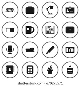 Set Of 16 Workspace Icons Set.Collection Of Flower, Time, Case And Other Elements.