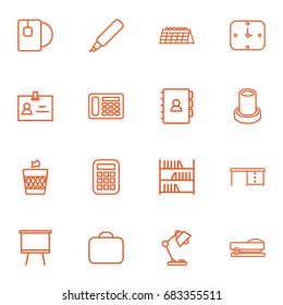 Set Of 16 Workspace Outline Icons Set.Collection Of Bookshelf, Desk, Briefcase And Other Elements.