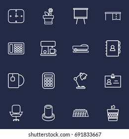 Set Of 16 Workspace Outline Icons Set.Collection Of Wall Clock, Badge Id, Wastebasket And Other Elements.