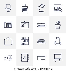 Set Of 16 Workspace Outline Icons Set.Collection Of Badge Id, Coffee Maker, Staple And Other Elements.