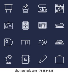 Set Of 16 Workspace Outline Icons Set.Collection Of Bookshelf, Telephone, Marker And Other Elements.