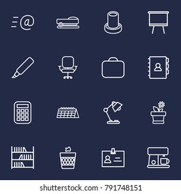 Set Of 16 Workspace Outline Icons Set.Collection Of Book, Briefcase, Bookshelf And Other Elements.