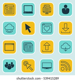 Set Of 16 World Wide Web Icons. Includes Website Bookmarks, Send Data, Blog Page And Other Symbols. Beautiful Design Elements.