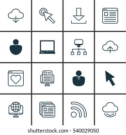 Set Of 16 World Wide Web Icons. Includes Cursor Tap, Virtual Storage, Wifi And Other Symbols. Beautiful Design Elements.