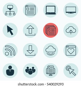 Set Of 16 World Wide Web Icons. Includes Blog Page, Mouse, Account And Other Symbols. Beautiful Design Elements.