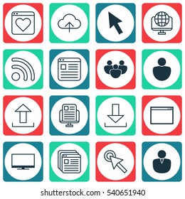 Set Of 16 World Wide Web Icons. Includes Cursor Tap, Login, Wifi And Other Symbols. Beautiful Design Elements.