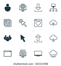 Set Of 16 World Wide Web Icons. Includes Website Bookmarks, Team, Save Data And Other Symbols. Beautiful Design Elements.