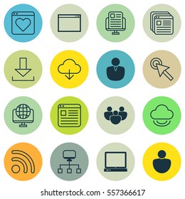 Set Of 16 World Wide Web Icons. Includes Human, Login, Save Data And Other Symbols. Beautiful Design Elements.