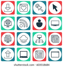 Set Of 16 World Wide Web Icons. Includes Blog Page, Wifi, Virtual Storage And Other Symbols. Beautiful Design Elements.