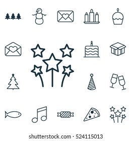 Set Of 16 Xmas Icons. Can Be Used For Web, Mobile, UI And Infographic Design. Includes Elements Such As Flame, Tree, Xmas Icons And More.