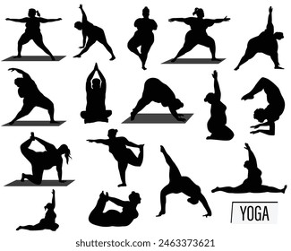 Set of 16 yoga silhouettes cutout vector icon sets in various yoga poses isolated on white background. Plus size, overweight, curvy women working out.