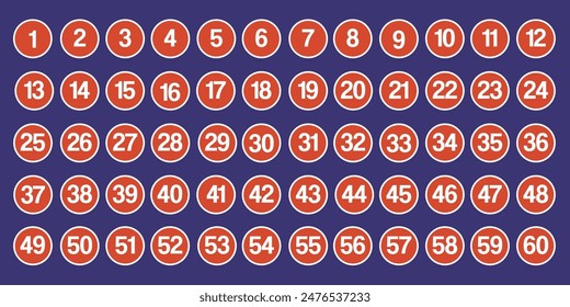 Set of 1-60 numbers, number long shadow flat 