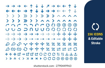 Set of 166 blue vector arrow icons with editable stroke for user interface