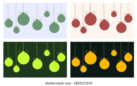Set of 16:9 background, banner or cover with the new year decorations in different colors. Christmas balls on ribbons with a bows.