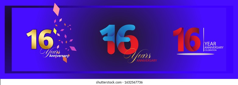 set 16th anniversary logo vector template. Design for banner, greeting cards or print