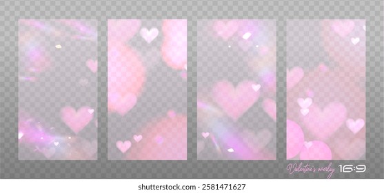 Set of 16x9 sized pink blurred overlays with colorful lens dispersion, crystal romantic hearts light, exposed photographic film and flare transparent effects. Vector illustration.