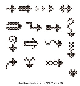 A set of 17 black arrows. The cross-stitch. Isolated on white background. Crafts and Hobbies. Vector illustration.