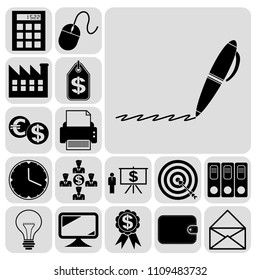  Set of 17 business high quality icons or symbols. Collection. Flat design. Vector Illustration.