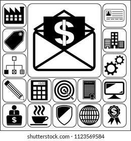 Set of 17 business high quality icons or symbols. Collection. Flat design. Vector Illustration.