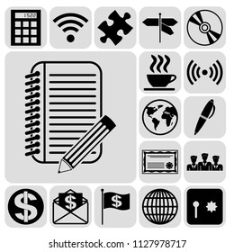 Set of 17 business high quality icons or symbols. Collection. Detailed design. Vector Illustration.