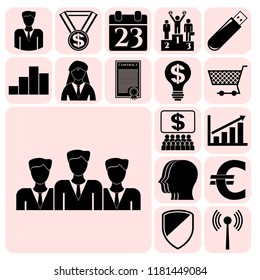 Set of 17 business high quality symbols or icons. Collection. Flat design. Vector Illustration.