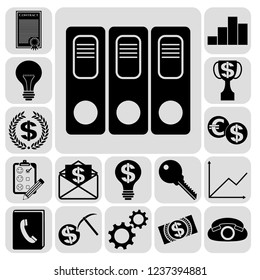 Set of 17 business high quality icons or symbols. Collection. Flat design. Vector Illustration.