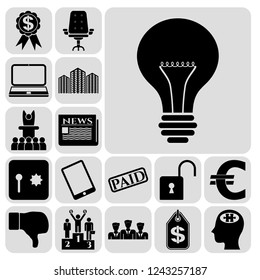 Set of 17 business high quality icons or symbols. Collection. Flat design. Vector Illustration.